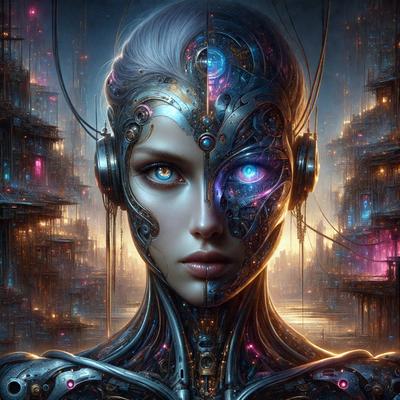 The primary subject of the image is a woman with a futuristic, cyberpunk appearance. She has a mix of human and robotic features, including a mechanical face and a human head. The setting is a futuristic cityscape, with a backdrop of a city filled with buildings and neon lights. The visual style is a combination of digital art and illustration, creating a striking and unique image. The colors and mood of the image are predominantly dark and moody, with the neon lights adding